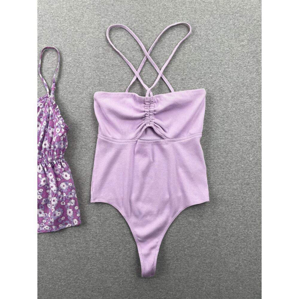 Lot of 2 Nordstrom Tank Tops XS Purple Floral Babydoll & Rib Knit Bodysuit - Picture 6 of 16